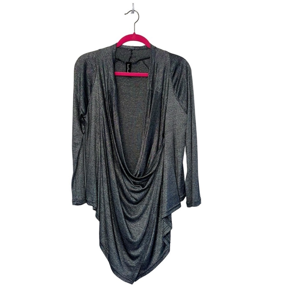 Sacred Threads Silver Metallic Drape Front Crossover Blouse Sz M Boho Lagenlook